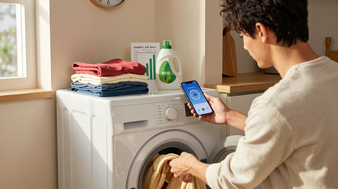 Homem usando smartphone para controlar máquina de lavar roupas branca em lavanderia bem iluminada.