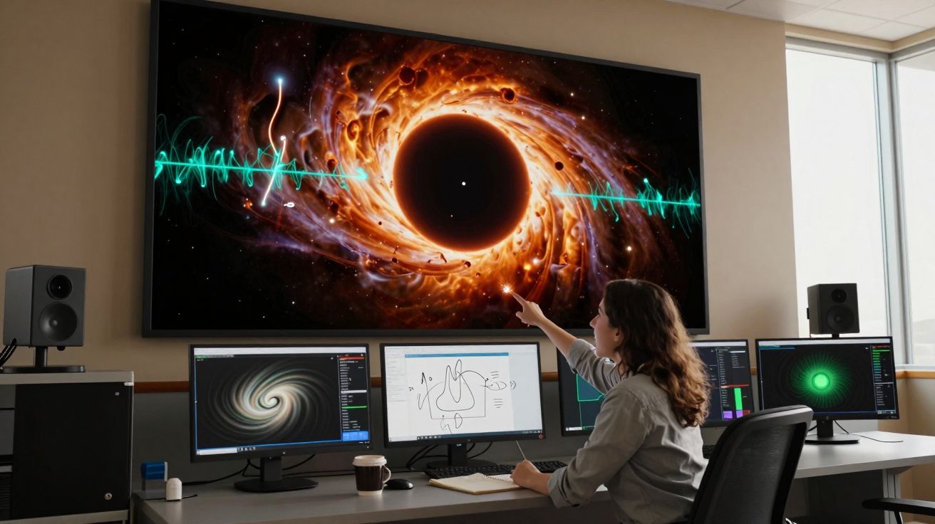 Pessoa em escritório apontando para tela grande com imagem de buraco negro e gráficos científicos nos monitores.