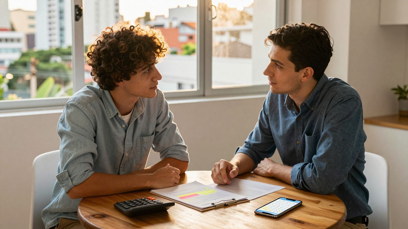 Dois homens conversam sentados à mesa com calculadora, celular e prancheta em ambiente claro e urbano.