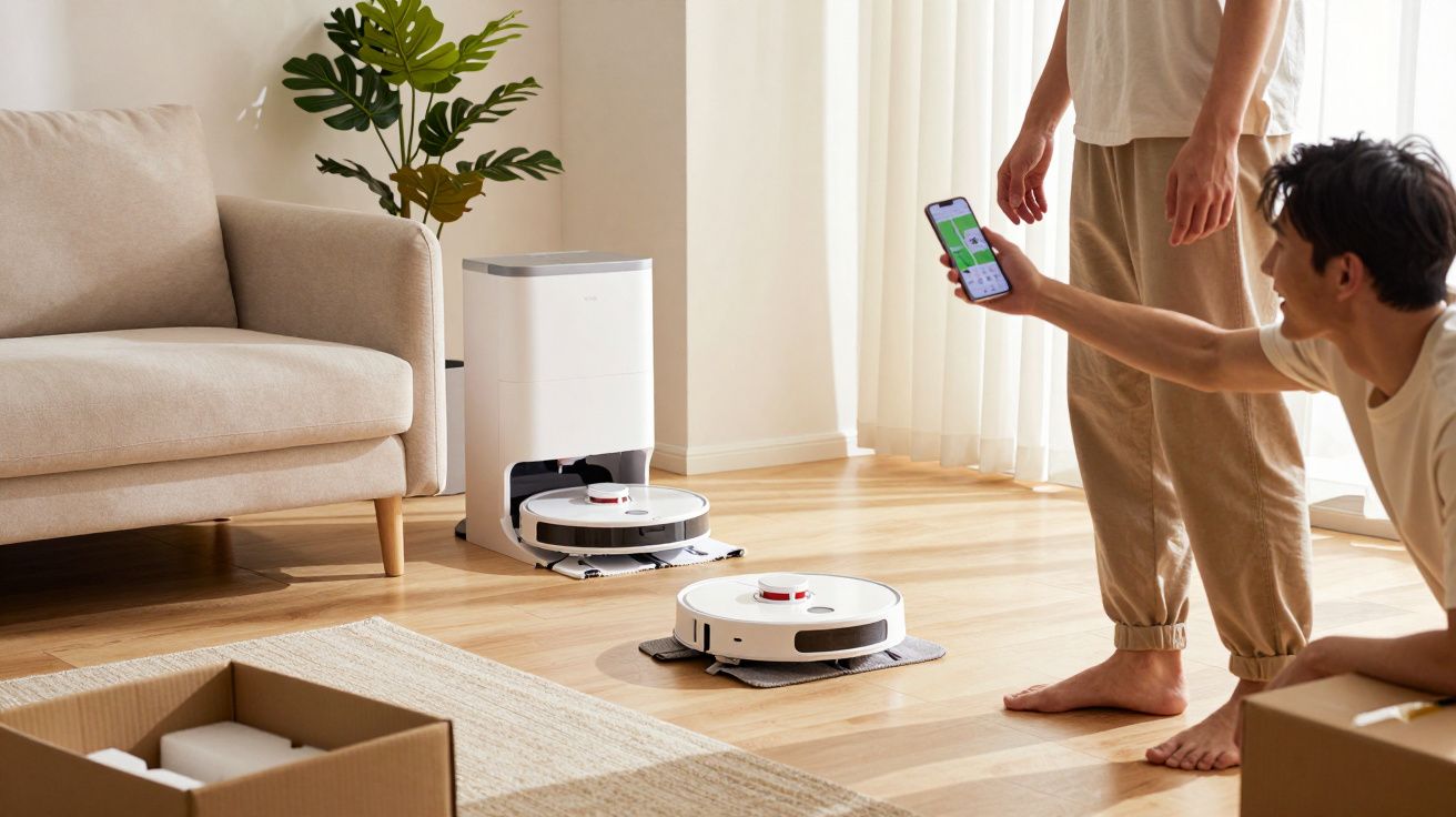 Homem controla aspirador robô com celular em sala clara e arejada com sofá e planta.