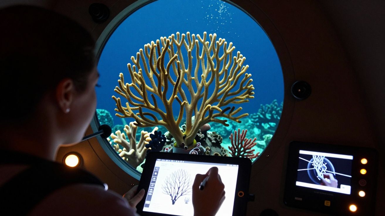 Pessoa desenhando coral visto por janela redonda, em ambiente subaquático, com tela eletrônica ao lado.