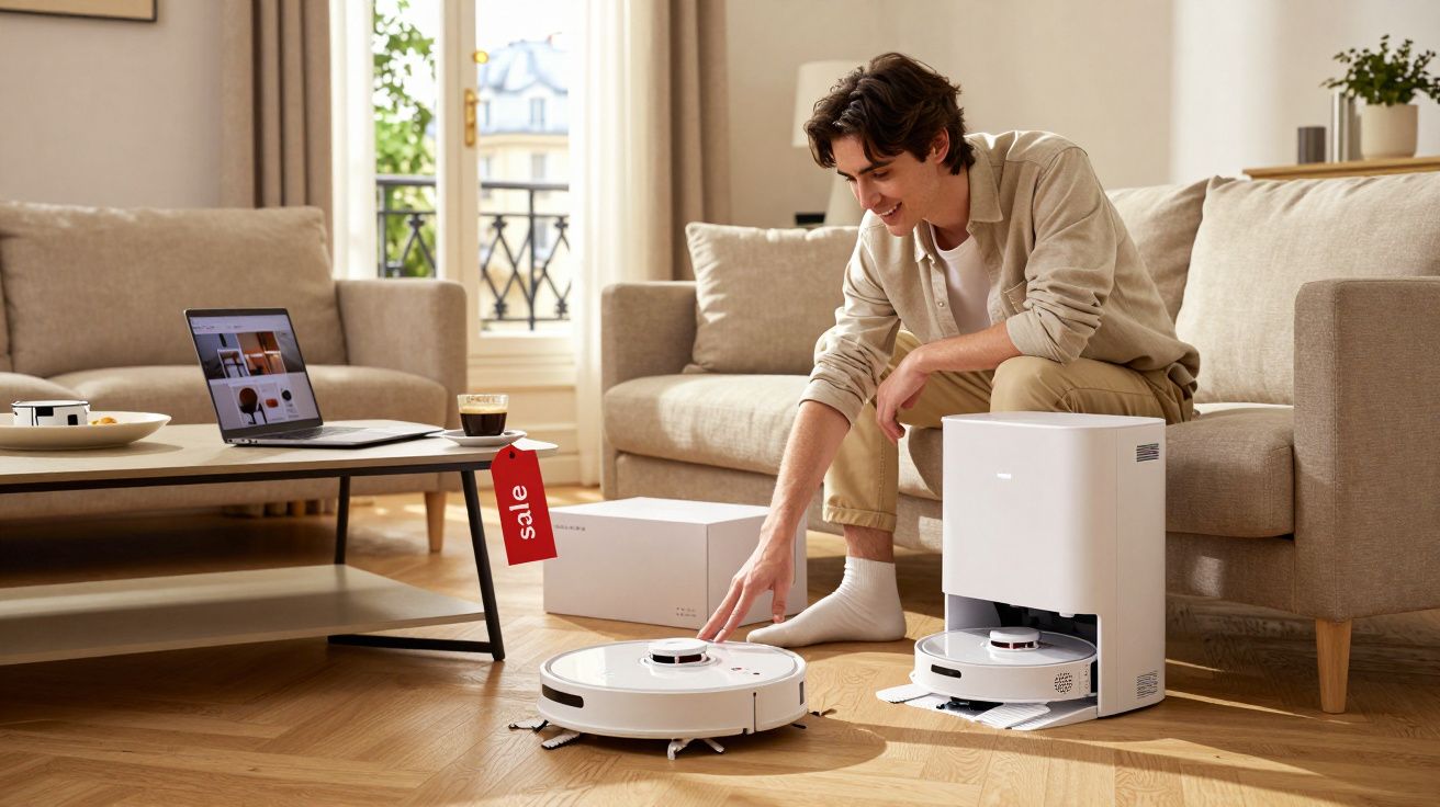 Homem interage com aspirador robô branco em sala de estar moderna com sofá e laptop na mesa.