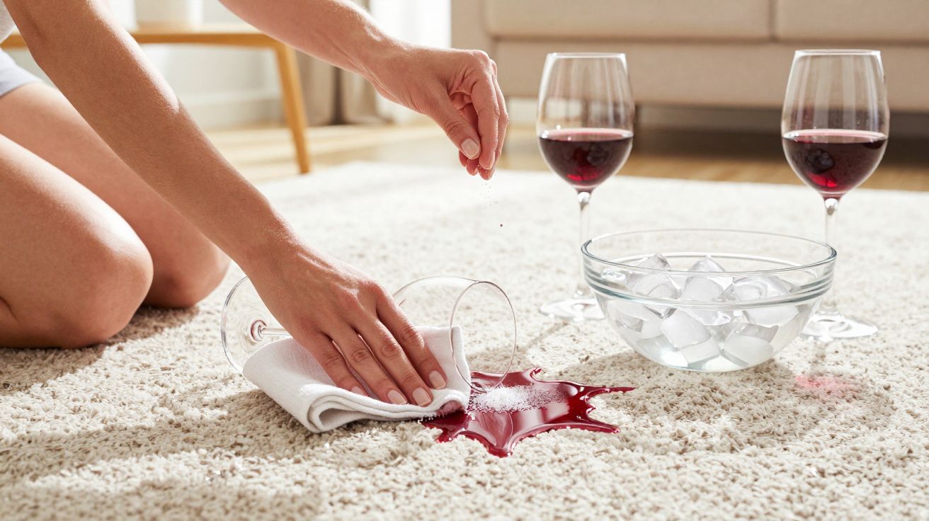 Pessoa limpando vinho tinto derramado no carpete com um pano branco, ao lado de duas taças e uma tigela com gelo.