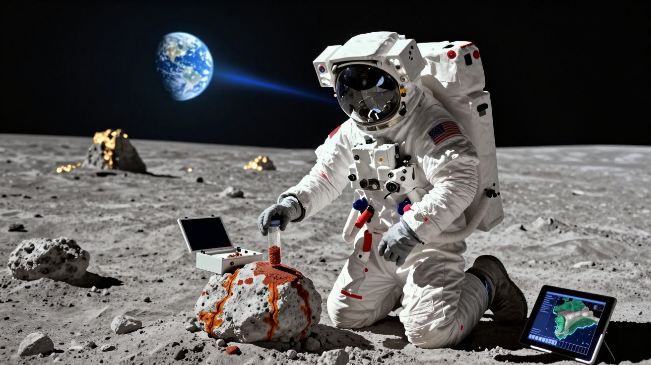 Astronauta com traje espacial analisa amostra de rocha na superfície da Lua com Terra ao fundo.
