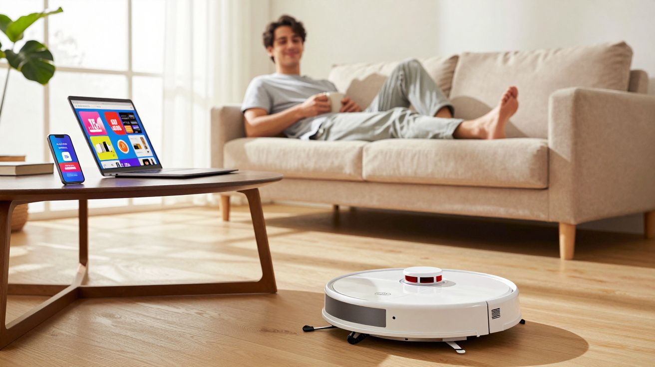 Robô aspirador branco limpando o chão de madeira enquanto jovem relaxa no sofá ao fundo.