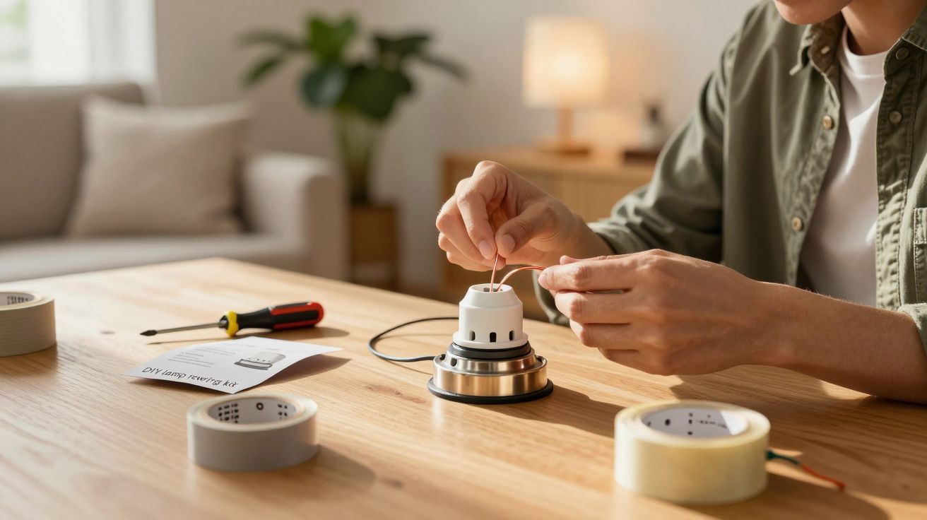 Pessoa montando kit de lâmpada DIY em mesa de madeira com ferramentas e fita adesiva ao redor.