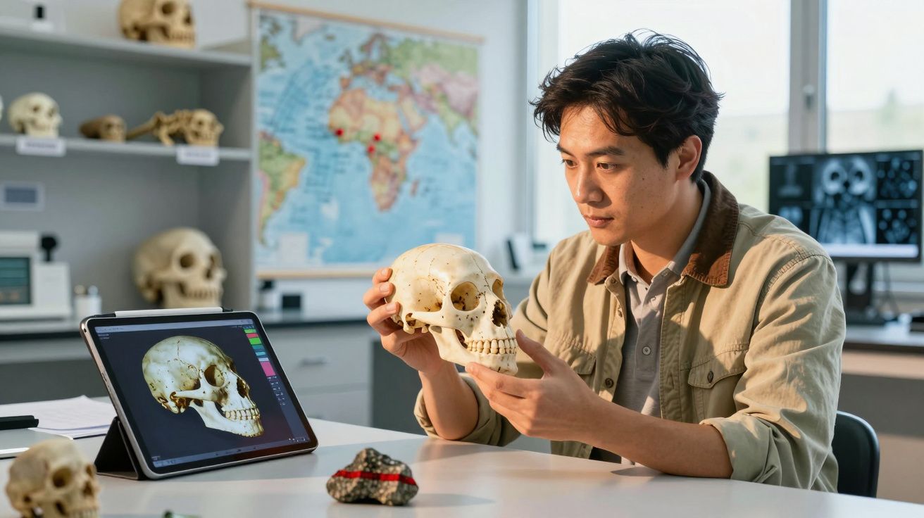 Jovem estudando crânio humano com modelo digital em tablet em sala de aula de anatomia.