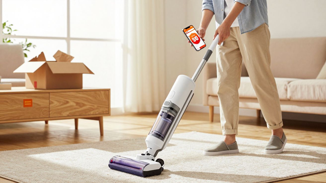 Pessoa usando aspirador de pó branco em tapete claro na sala com sofá e móvel em madeira ao fundo.
