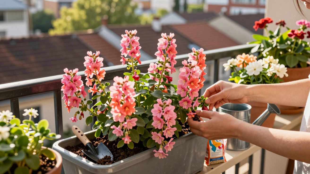 Mãos cuidando de flores cor-de-rosa em vaso no parapeito de varanda com regador ao fundo.