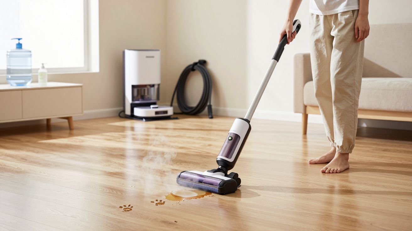 Pessoa limpando manchas de líquido quente no chão de madeira com aspirador portátil a vapor em sala.