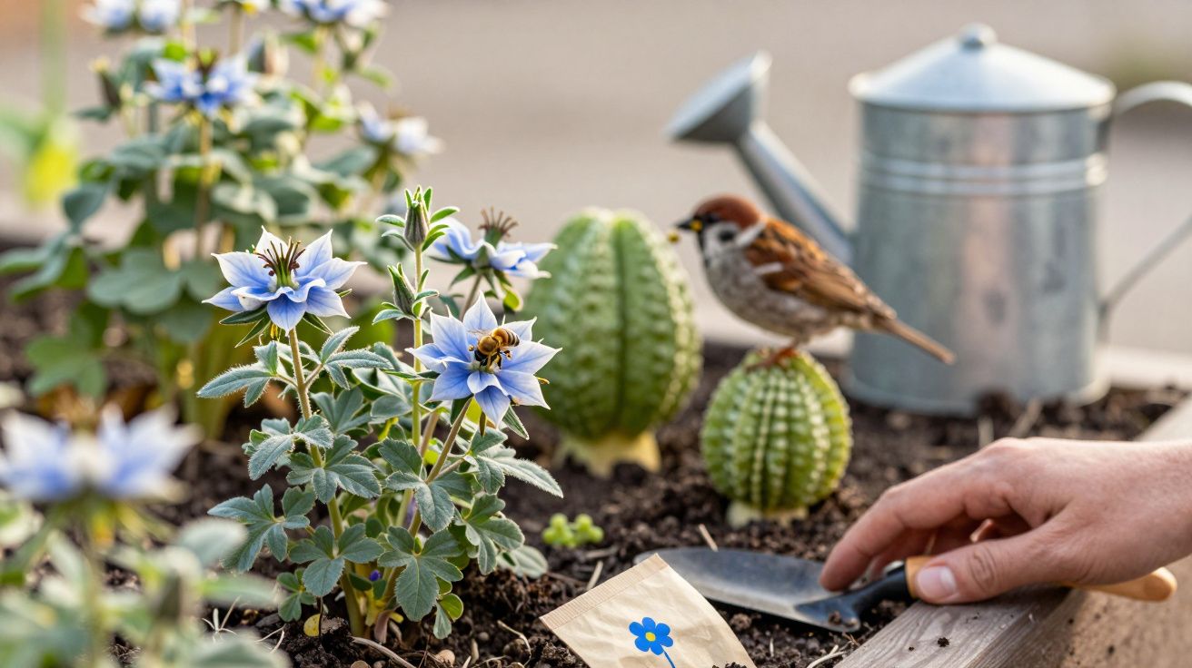 Flores azuis com abelha, pássaro em cacto e mão de pessoa com ferramenta de jardinagem.