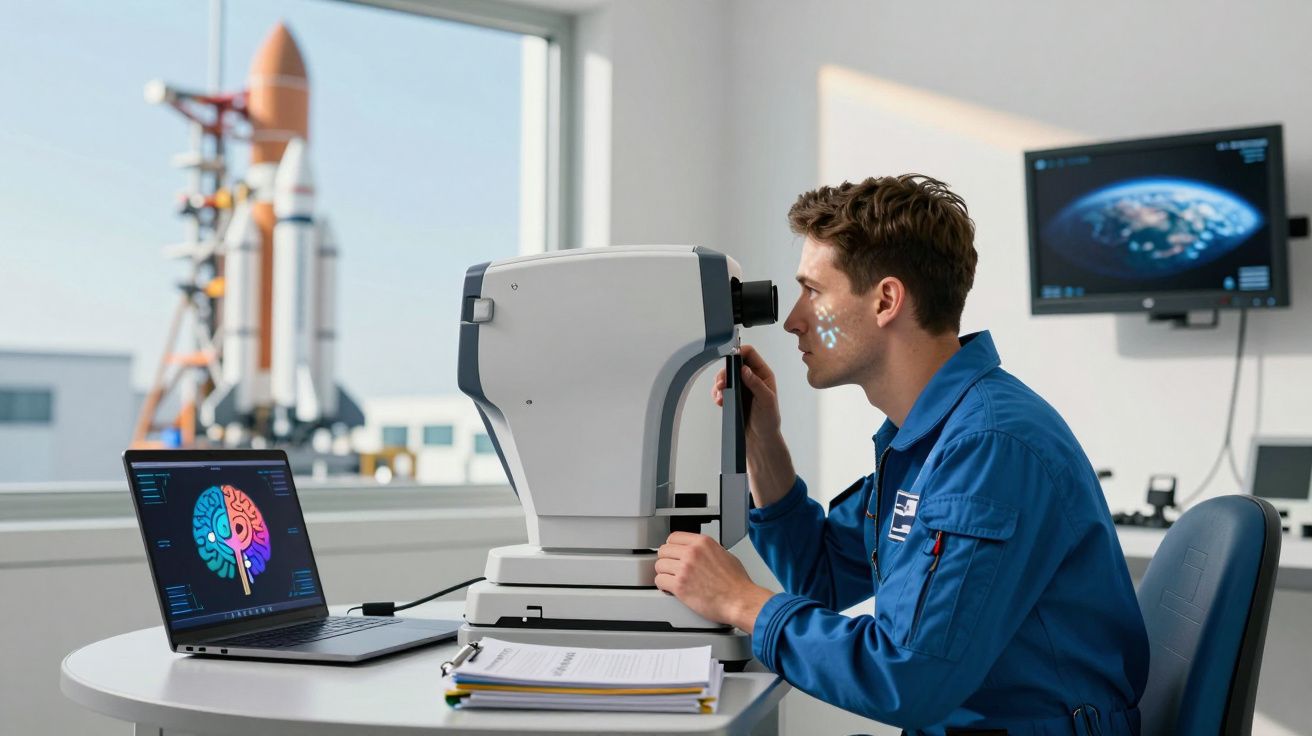 Homem em macacão azul usa equipamento para exame ocular com foguete e computador ao fundo.