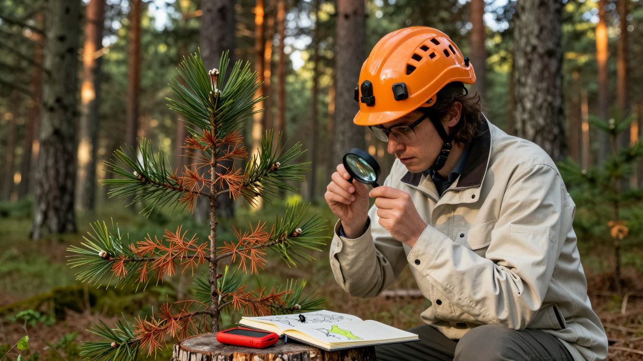 Pesquisador com capacete laranja examina planta com lupa em floresta, com caderno aberto ao lado.