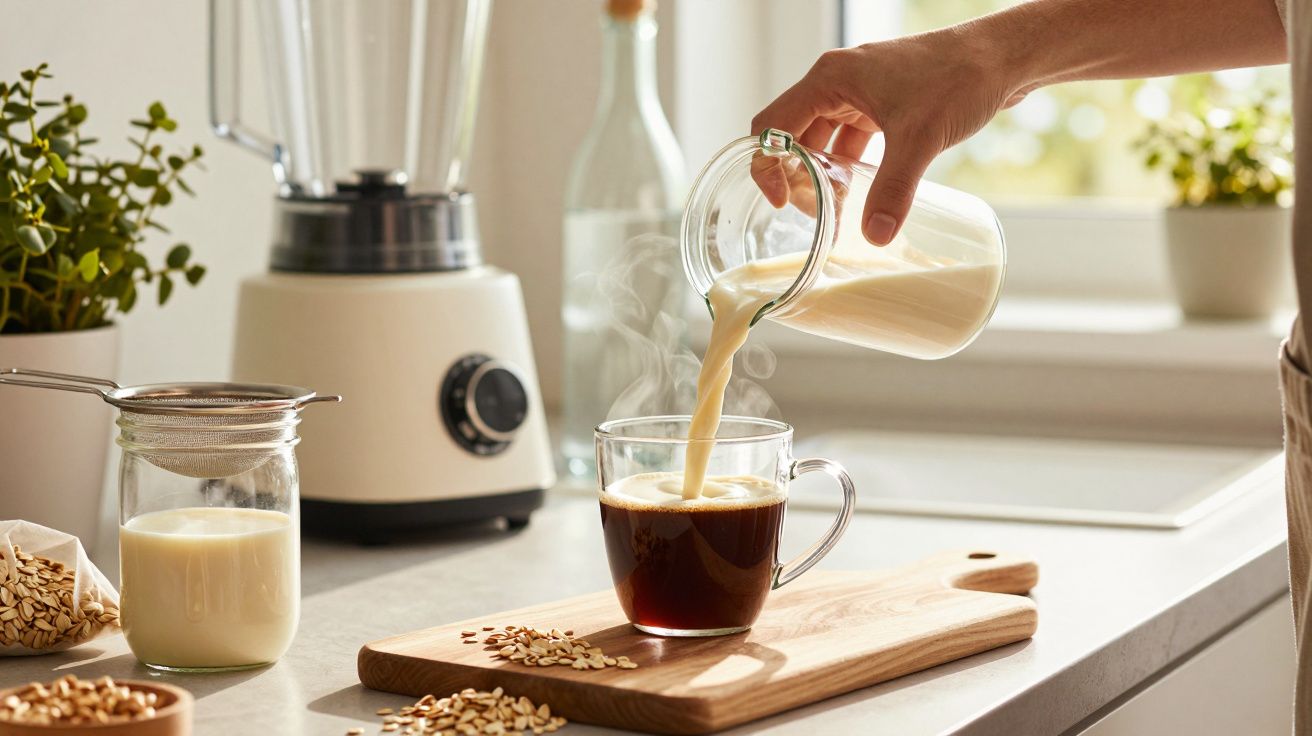 Pessoa despejando leite em café quente em copo transparente sobre bancada de cozinha iluminada.