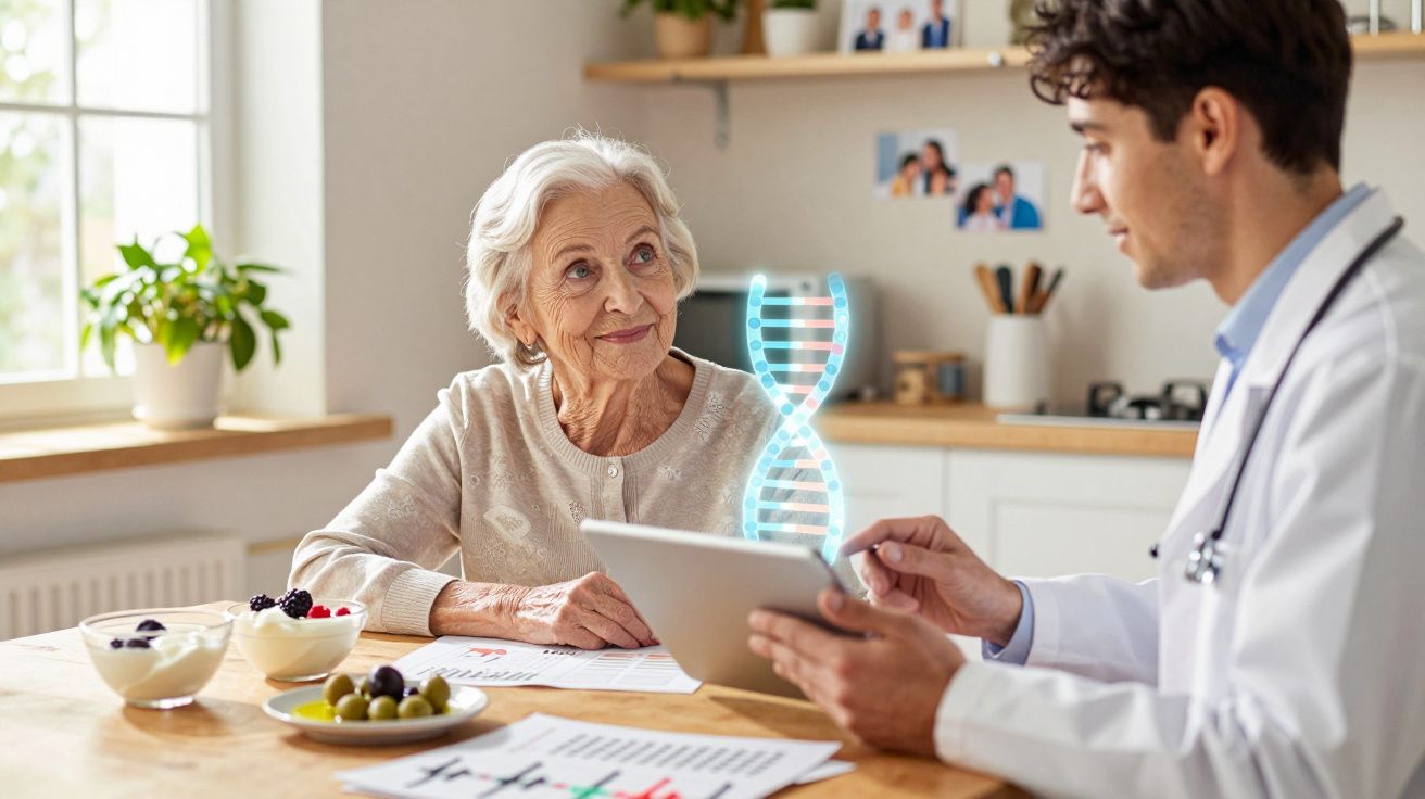 Idosa conversando com médico sobre genética, com imagem de DNA holográfico entre eles.