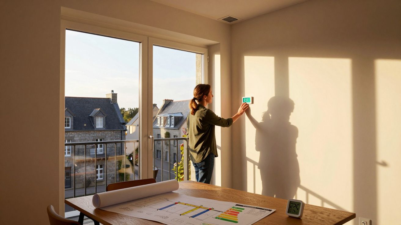 Mulher ajusta termostato digital em parede iluminada pela luz natural próxima a mesa com plantas e projeto de energia.