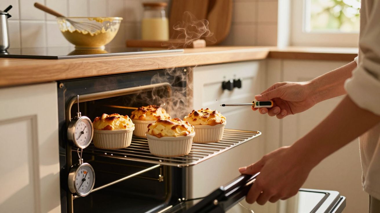 Pessoa retirando quatro tortinhas quentes e fumegantes do forno na cozinha.