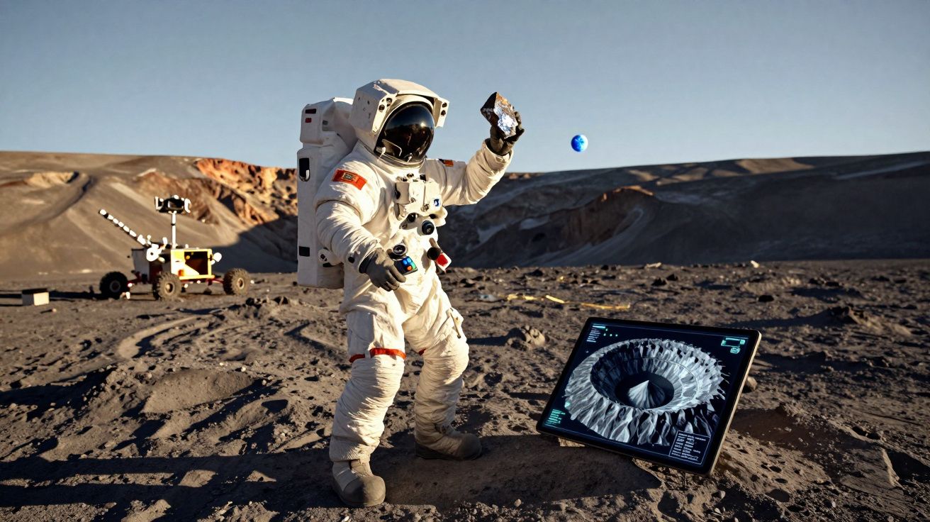Astronauta em traje espacial explorando superfície lunar com rover e tela digital mostrando cratera.
