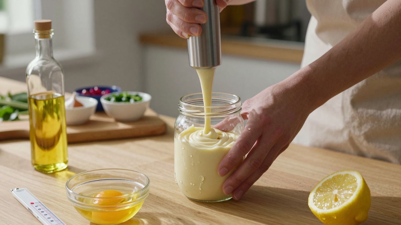 Pessoa usando mixer para preparar maionese caseira em pote de vidro na cozinha.