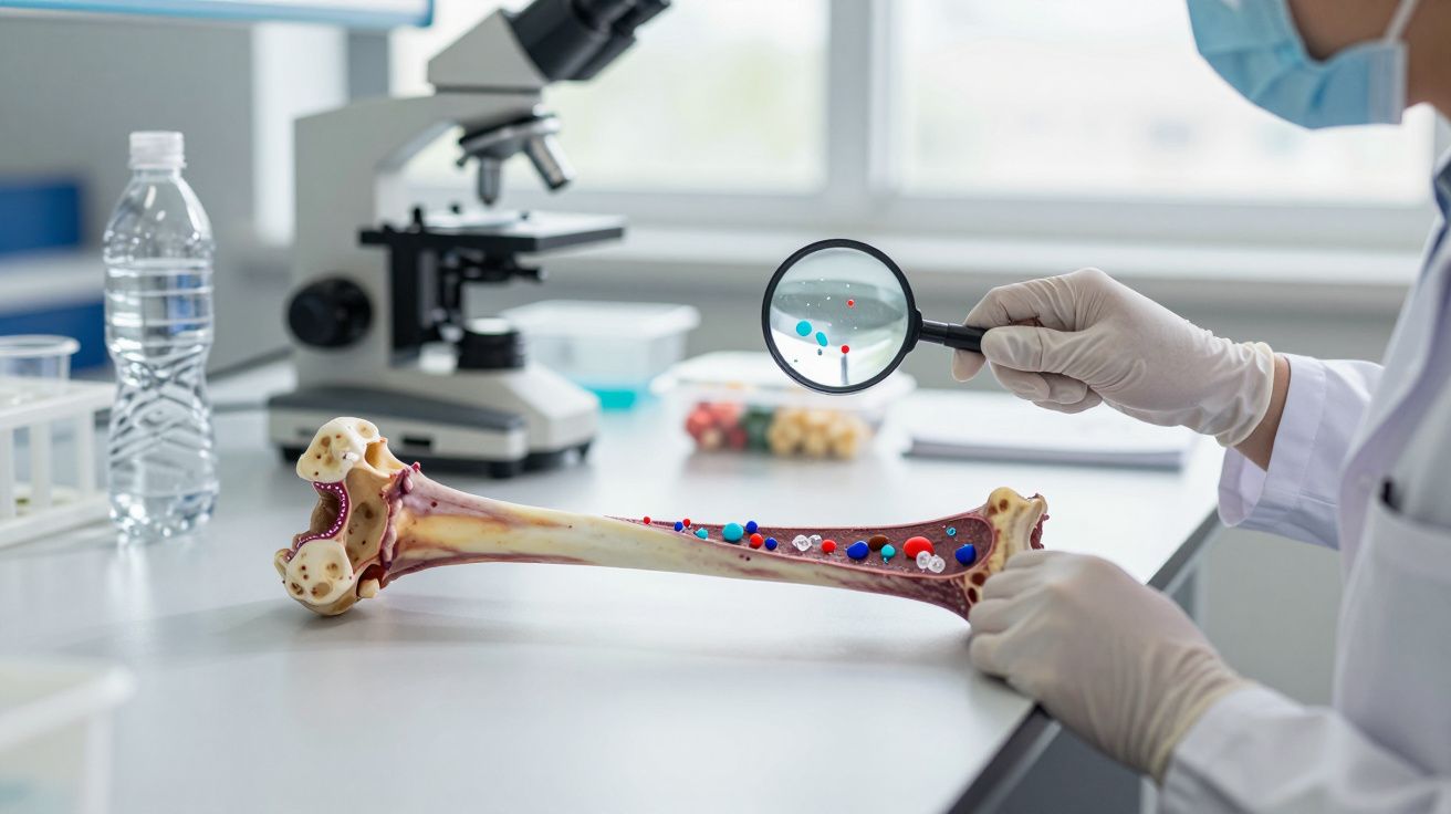 Pesquisador com luvas segurando lupa sobre modelo anatômico de osso humano em laboratório.