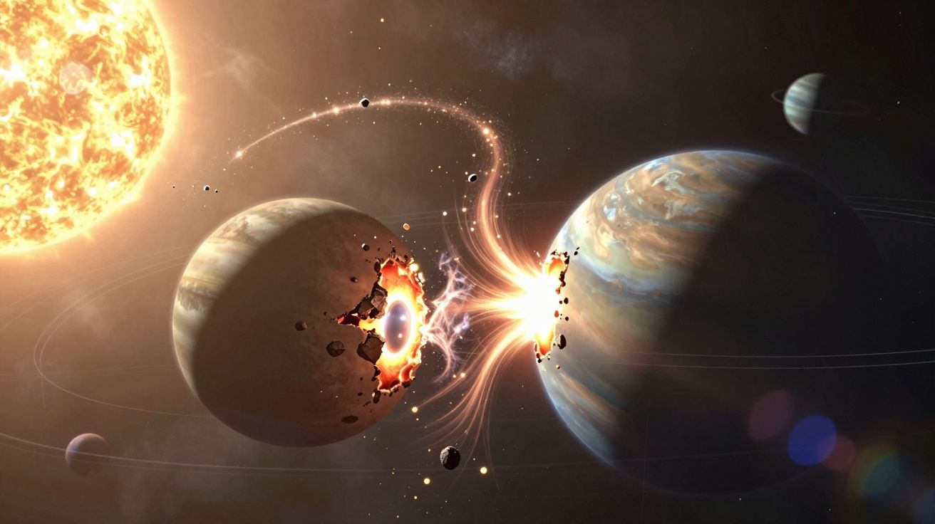 Colisão entre dois planetas com fragmentos e explosão luminosa no espaço próximo ao sol.