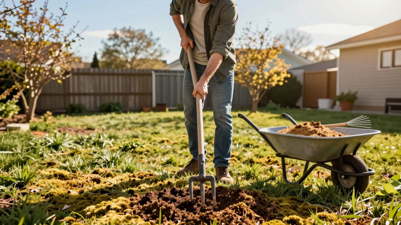 Pessoa preparando o solo do jardim com forquilha, carrinho de mão cheio de terra e rastelo ao fundo.