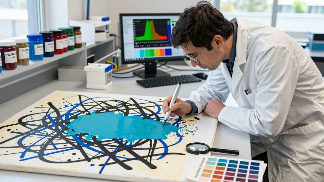 Cientista em laboratório analisando pintura abstrata com sensores e computador ao fundo.
