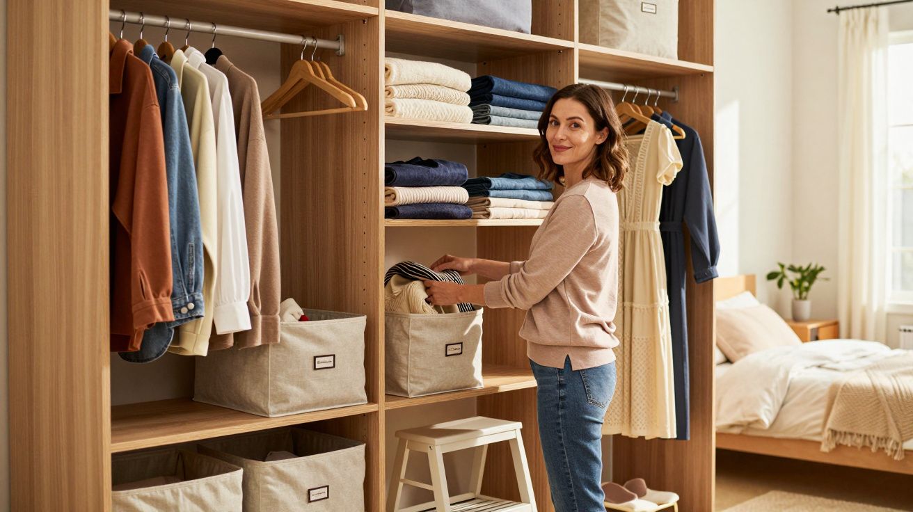 Mulher arrumando roupas em guarda-roupa organizado ao lado de cama em ambiente iluminado.