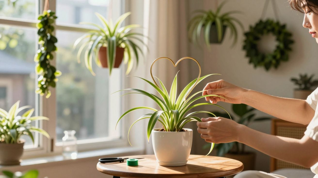 Pessoa cuidando de planta em vaso branco sobre mesa em ambiente iluminado por janela.