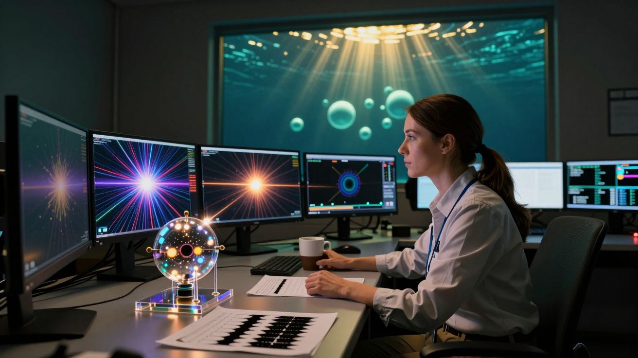 Mulher cientista analisando dados em monitores com simulações de física e modelo atômico na mesa.