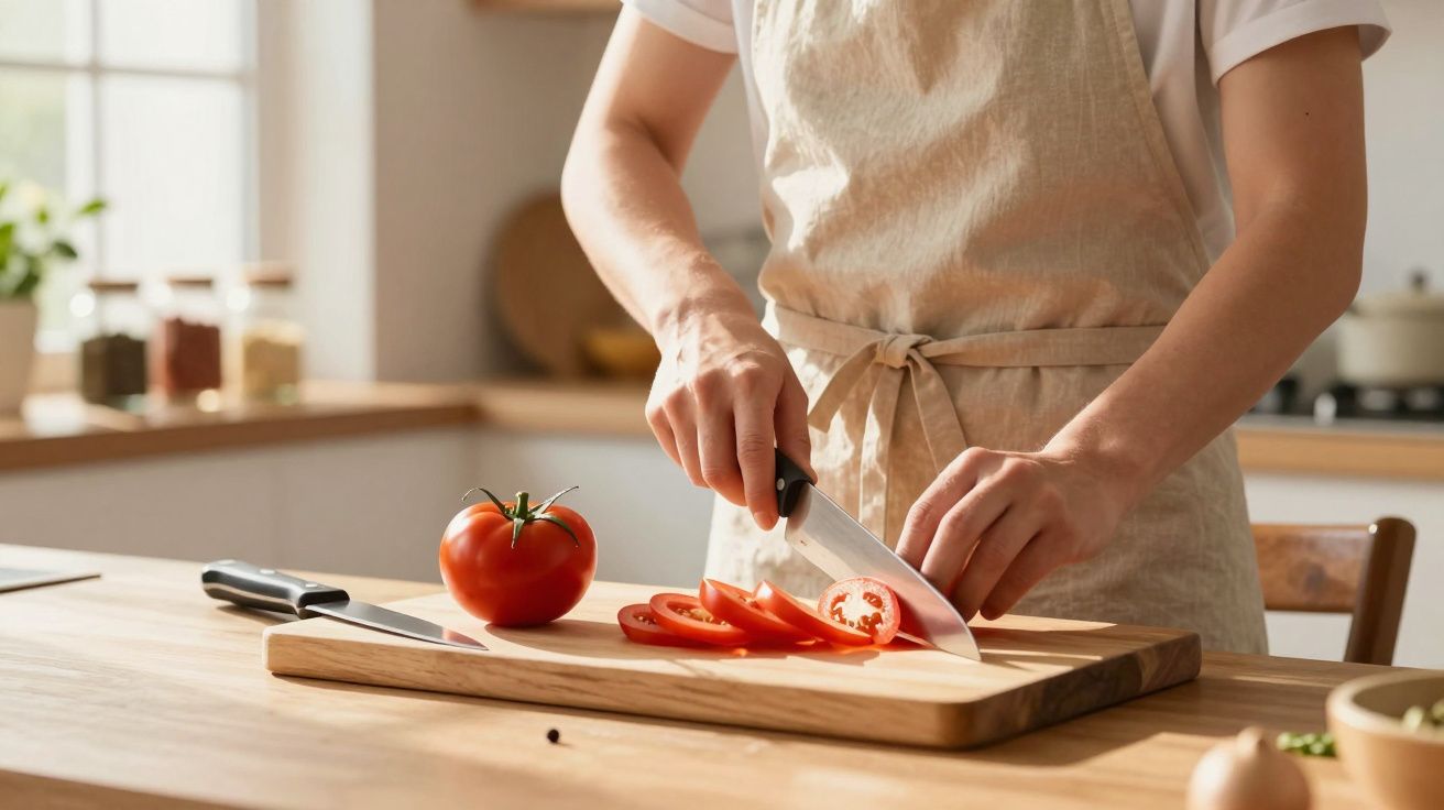 Pessoa cortando tomate em fatias finas sobre tábua de madeira em cozinha iluminada.