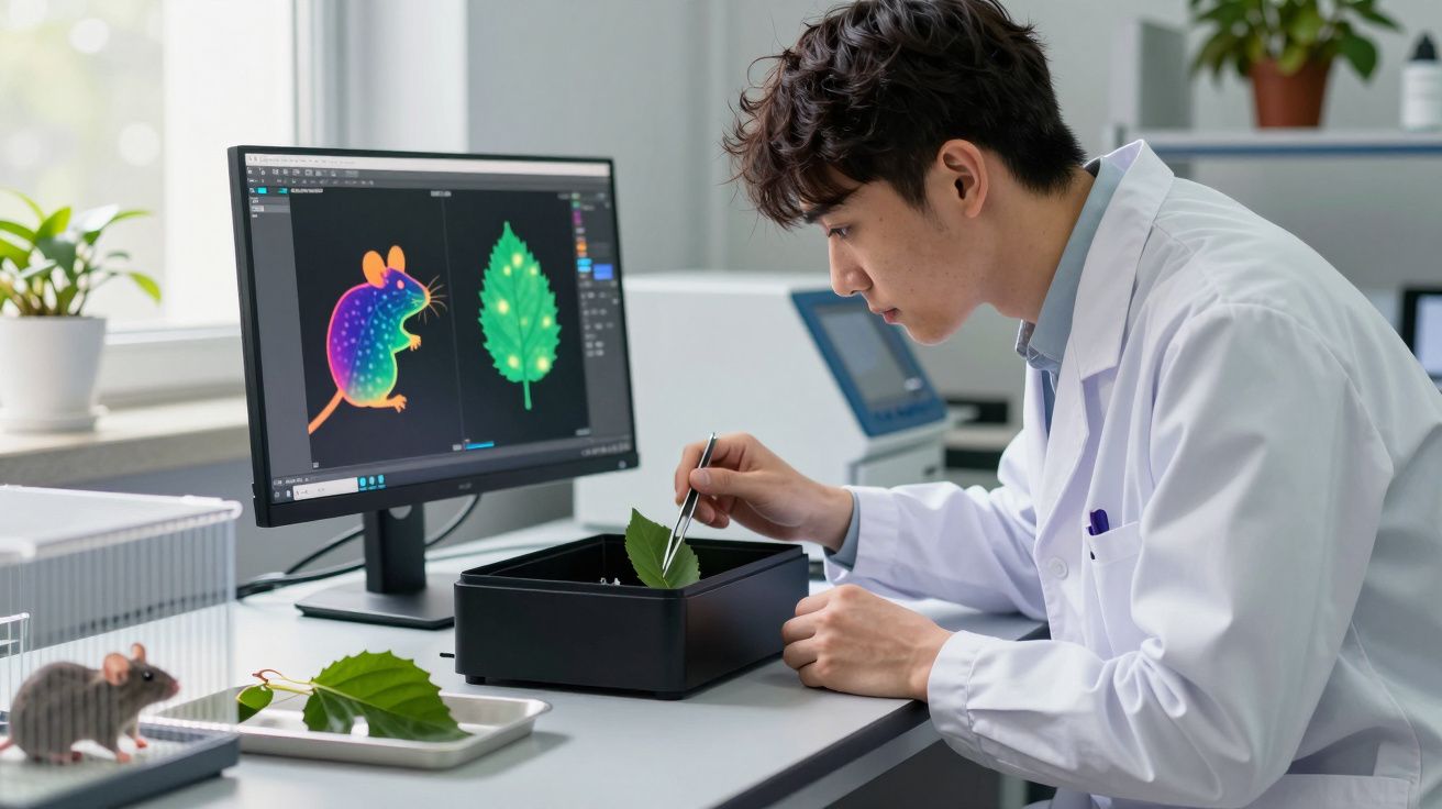 Cientista em laboratório examina folhas com pinça e computador ao fundo mostrando imagens coloridas de rato e folha.