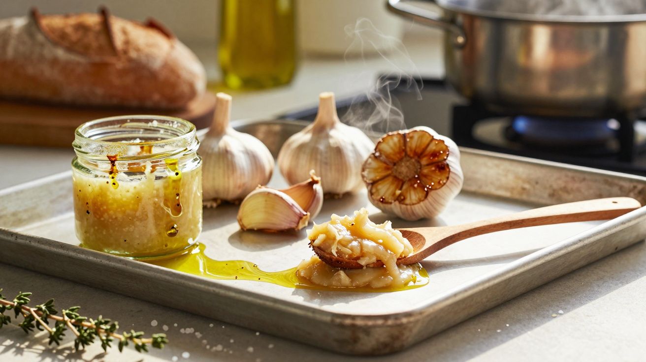 Pote de pasta de alho assado com azeite em colher, alho inteiro e fatias de pão ao fundo.