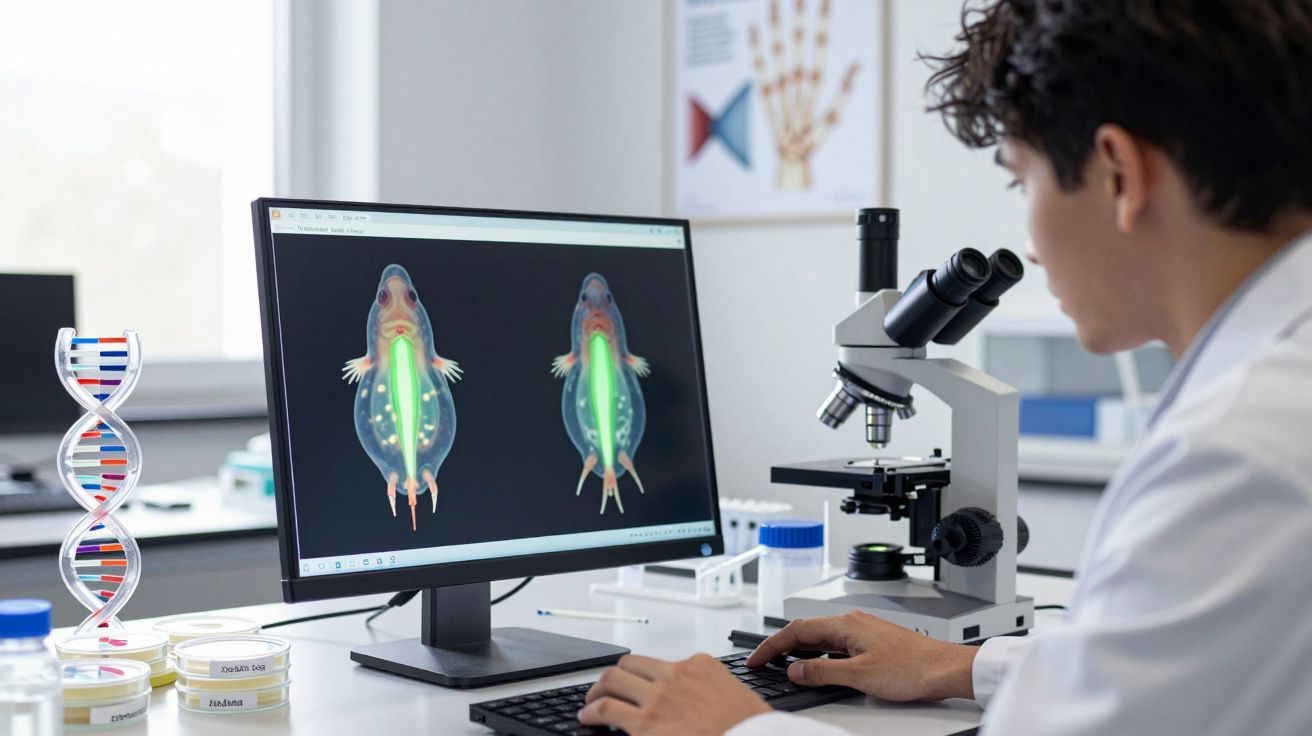 Cientista analisando imagens digitais de peixes iluminados em verde no computador em laboratório.