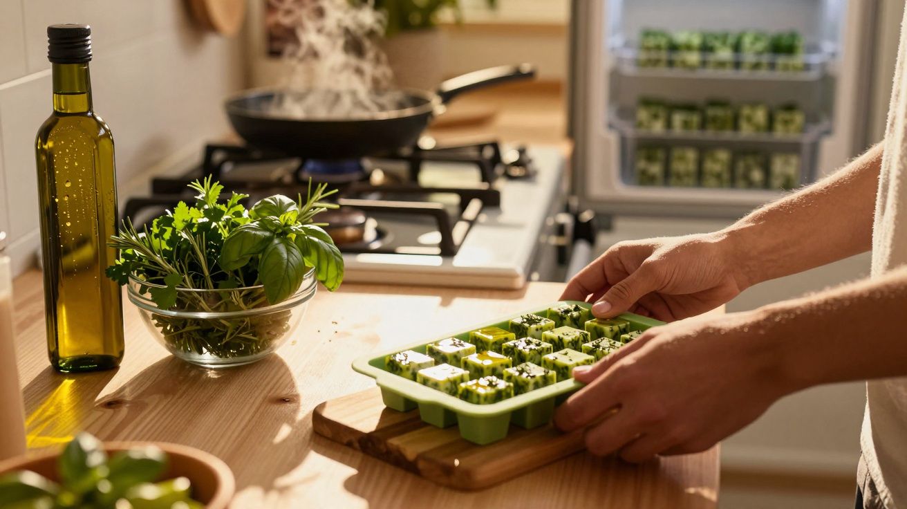 Pessoa segurando forma de gelo verde com ervas frescas na cozinha iluminada pelo sol.