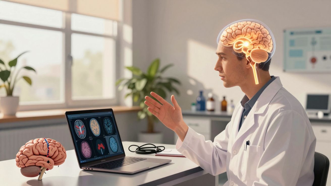 Homem de jaleco analisando imagens cerebrais no laptop, com ilustração do cérebro sobreposta.