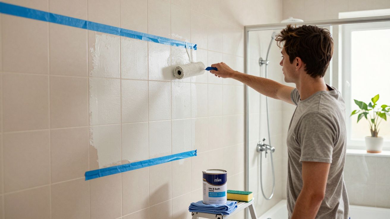 Homem pintando azulejos de banheiro com rolo, usando fita azul para delimitar área.