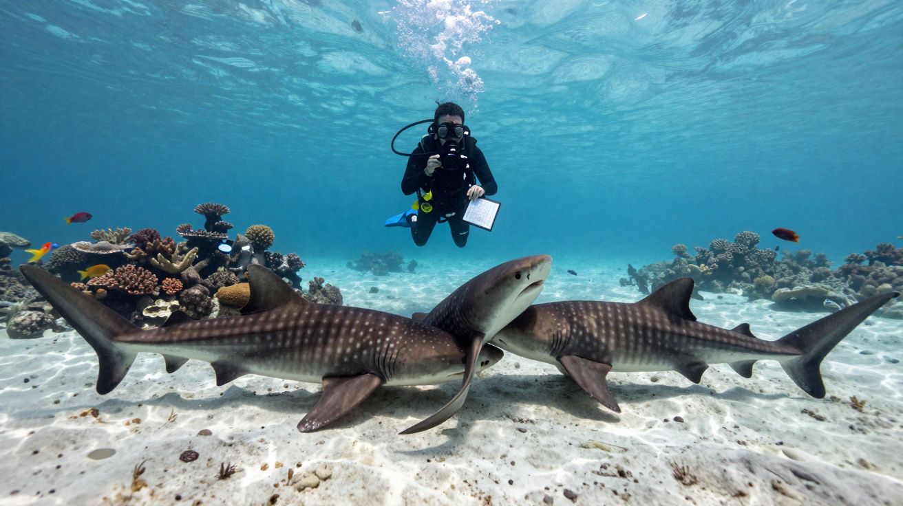 Mergulhador observa dois tubarões-lixa nadando próximos ao fundo do mar com corais ao redor.