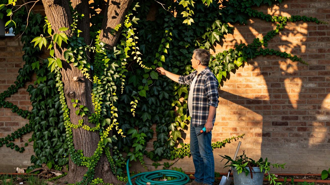 Homem em pé cuidando de plantas e trepadeiras em árvore ao lado de parede de tijolos.