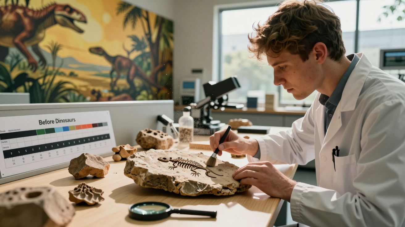 Jovem cientista em laboratório limpando fóssil em pedra sob luz natural, com pintura de dinossauros ao fundo.