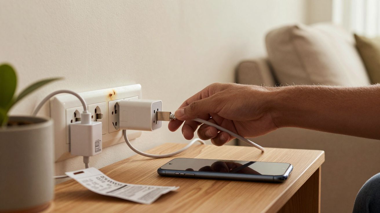 Pessoa conectando cabo para carregar celular em tomada próxima a mesa de madeira com planta e recibo.