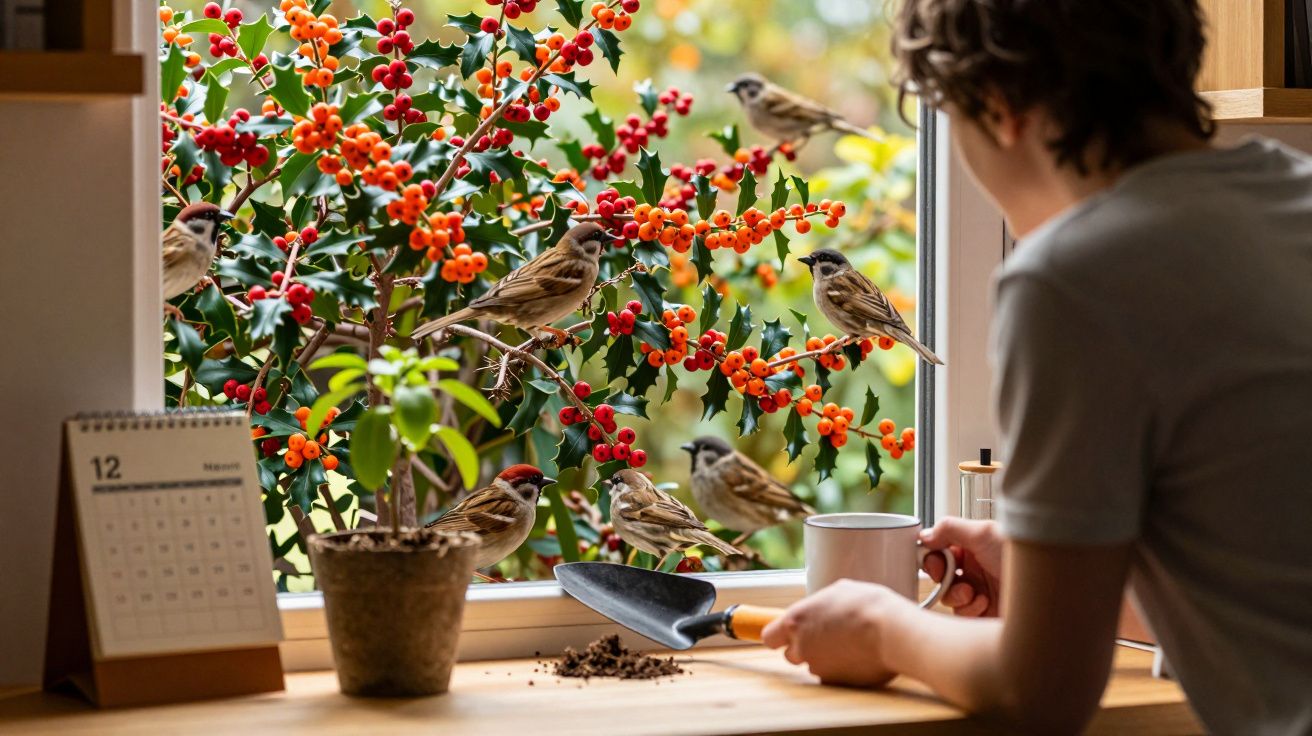 Pessoa observando pássaros pousados em galhos com frutos vermelhos e laranja fora da janela.