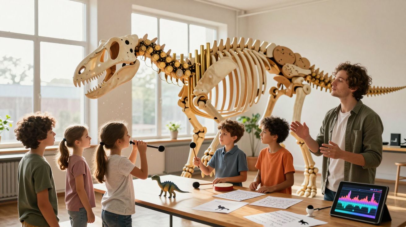 Crianças aprendendo com professor ao redor de mesa com dinossauro de brinquedo e esqueleto de dinossauro gigante.