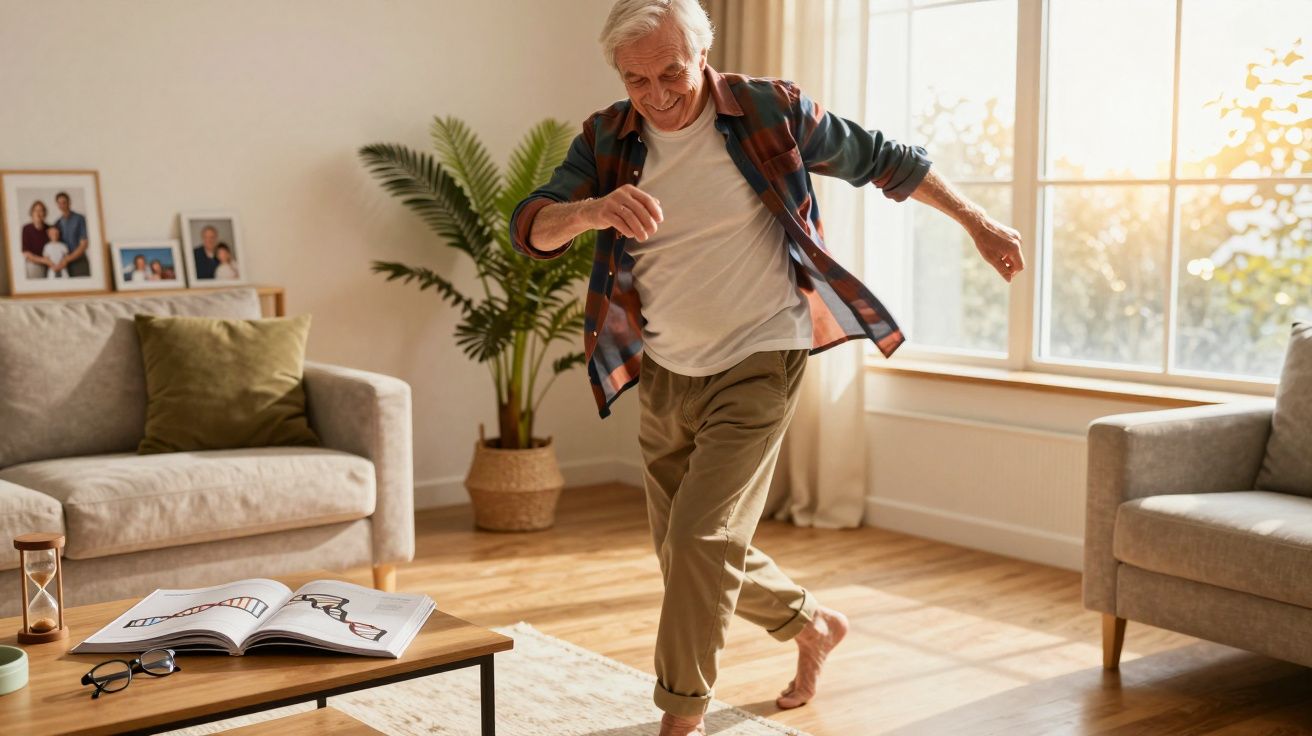 Homem idoso sorridente dançando descalço em sala iluminada com sofá e plantas ao fundo.