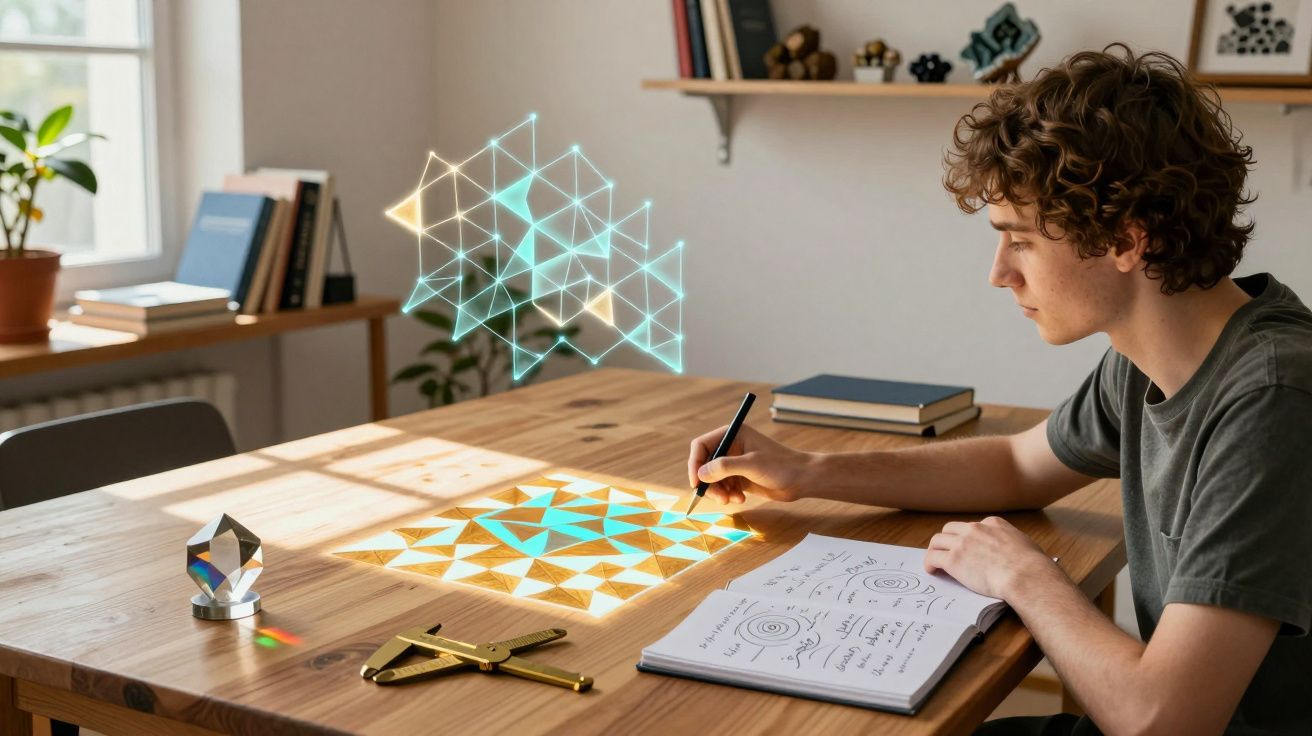 Jovem estudando geometria com projeções digitais coloridas em mesa de madeira clara.