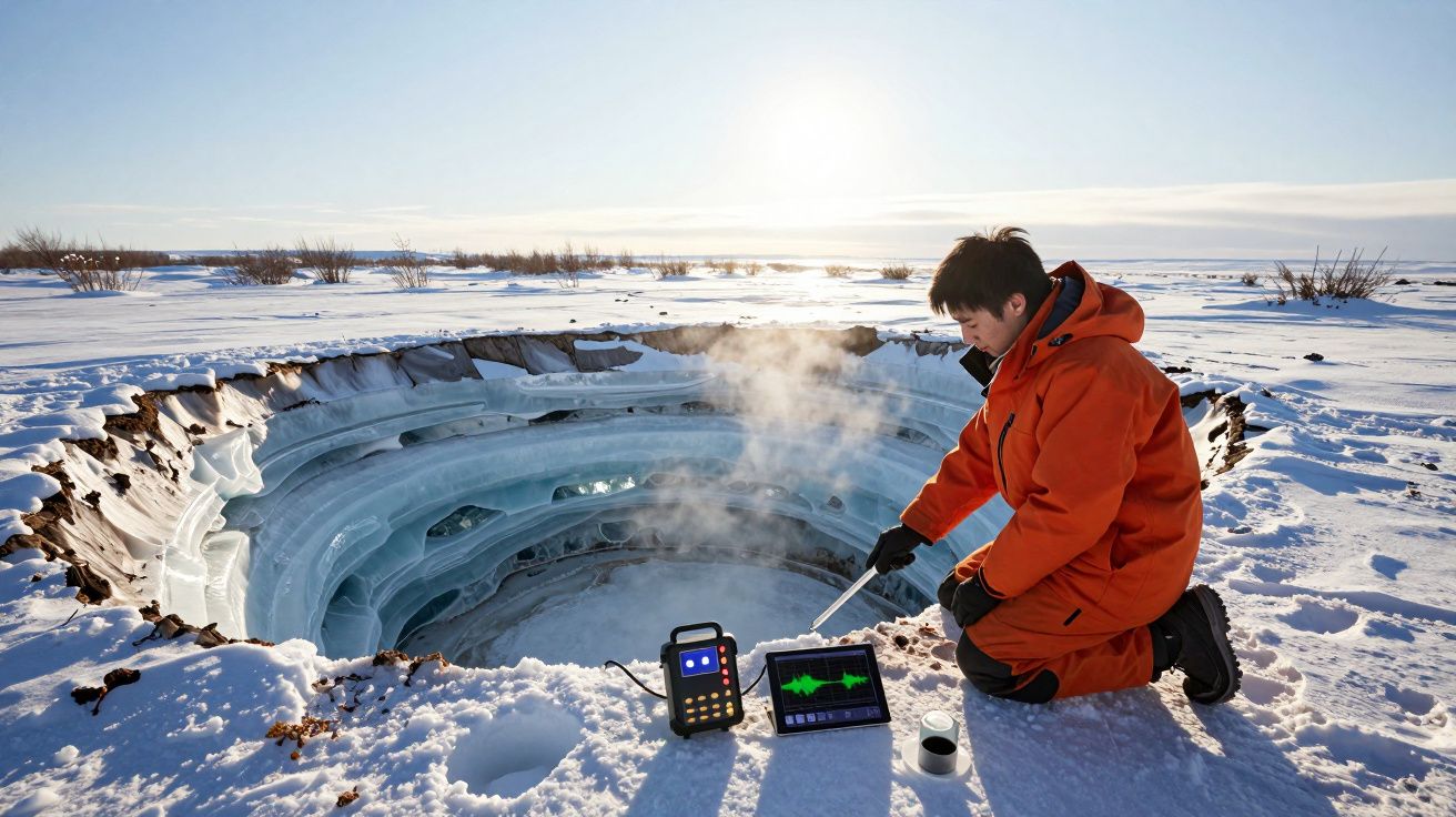 Pesquisador em roupa laranja analisa dados em equipamentos perto de poço congelado na neve.
