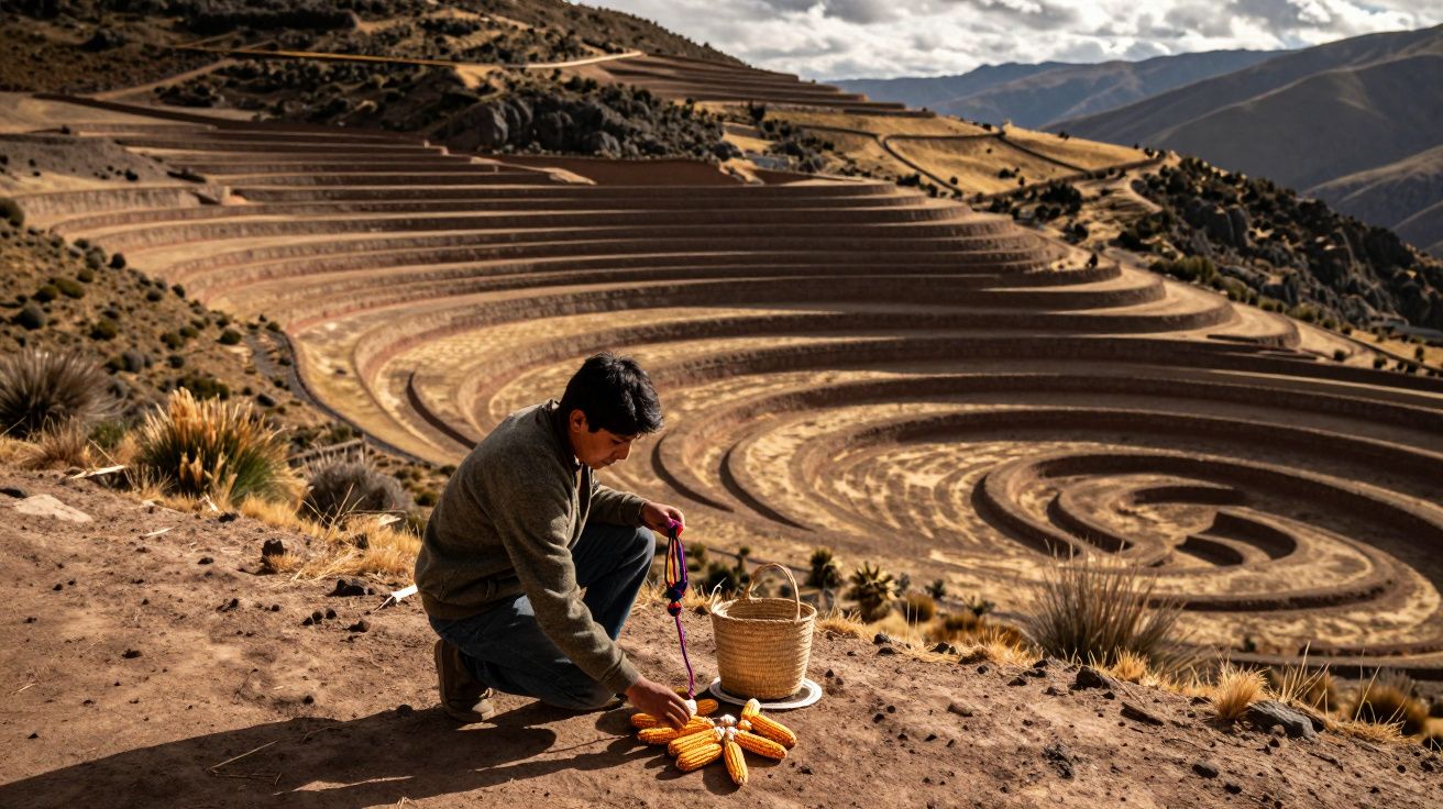Homem ajoelhado arrumando espigas de milho em cesta perto de terraços agrícolas circulares em montanha.