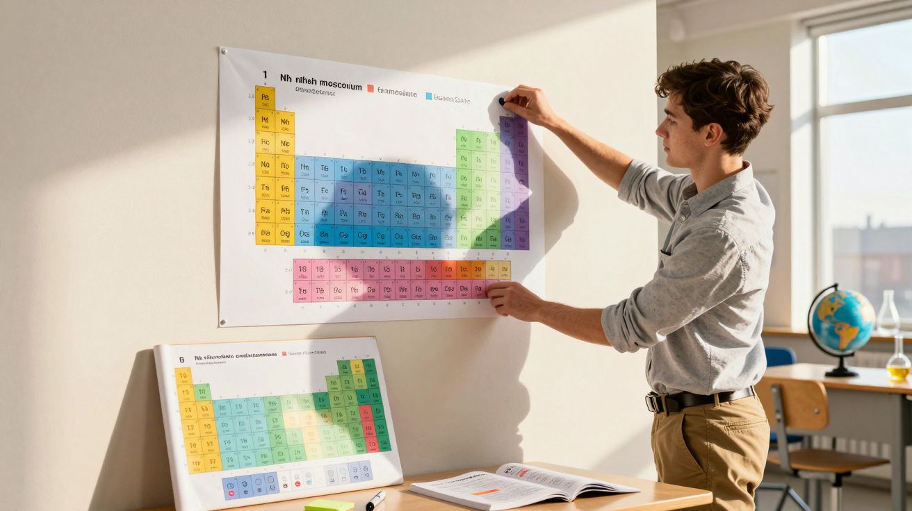 Jovem ajusta cartaz da tabela periódica em sala de aula com luz natural entrando pela janela.