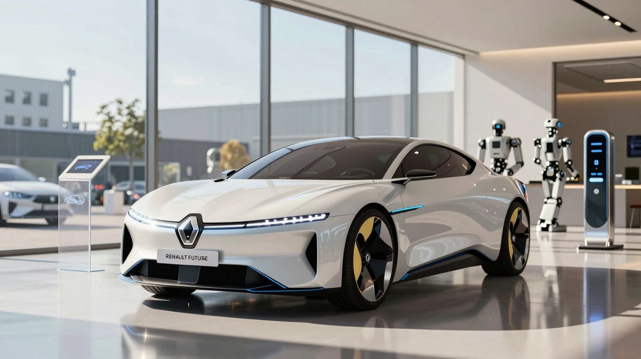 Carro conceitual branco Renault Future em showroom moderno com robôs ao fundo.