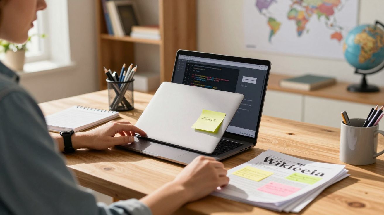 Pessoa trabalhando em computador com código aberto, papeis e canetas sobre mesa de madeira.